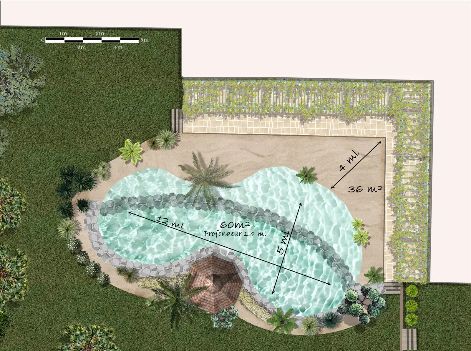 Dessin paysager avec cotes et profondeur 1.4m